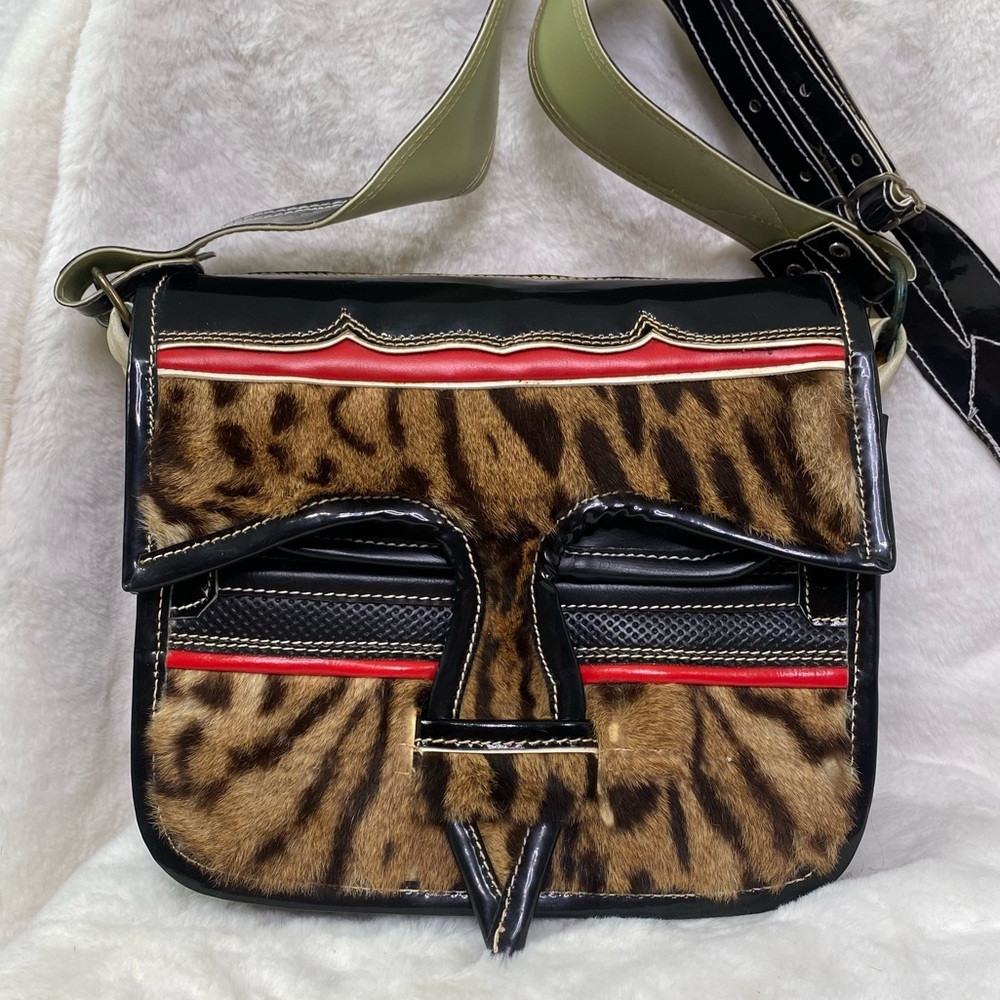 JERICO leather accordion cross body bag spotted leopard fur purse 1950s Colombia